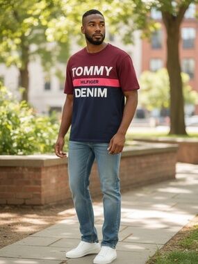 Tommy Hilfiger Denim Colorblock Graphic T-Shirt - Men's XXL - Bordeaux/Navy